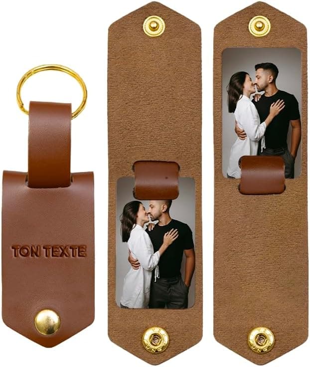 Porte-Clé Cuir Personnalisé — Texte Gravé et Deux Photos