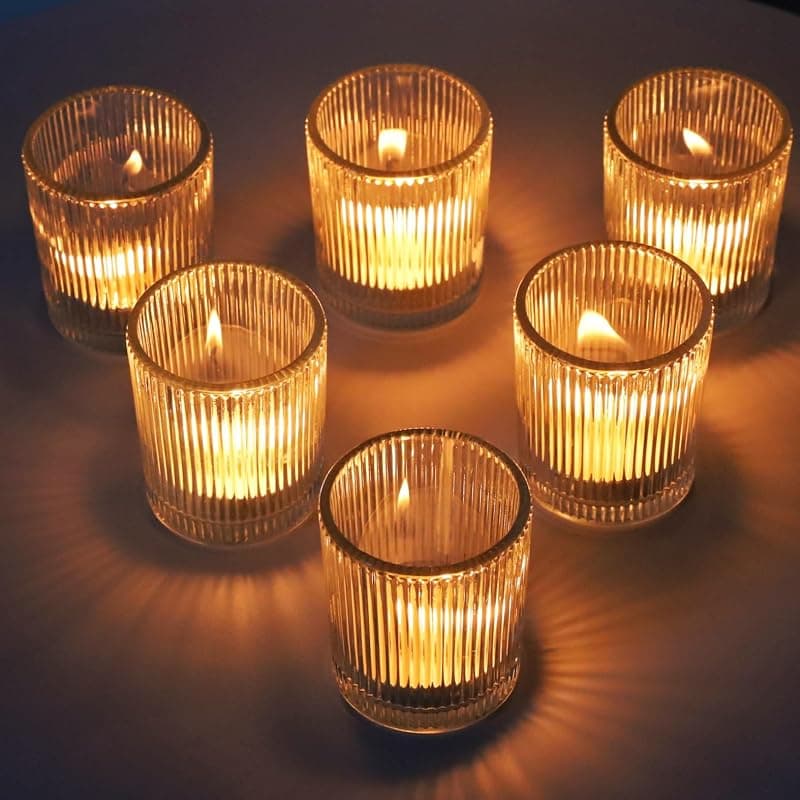 Photophores en verre côtelé transparent — Lot de 12