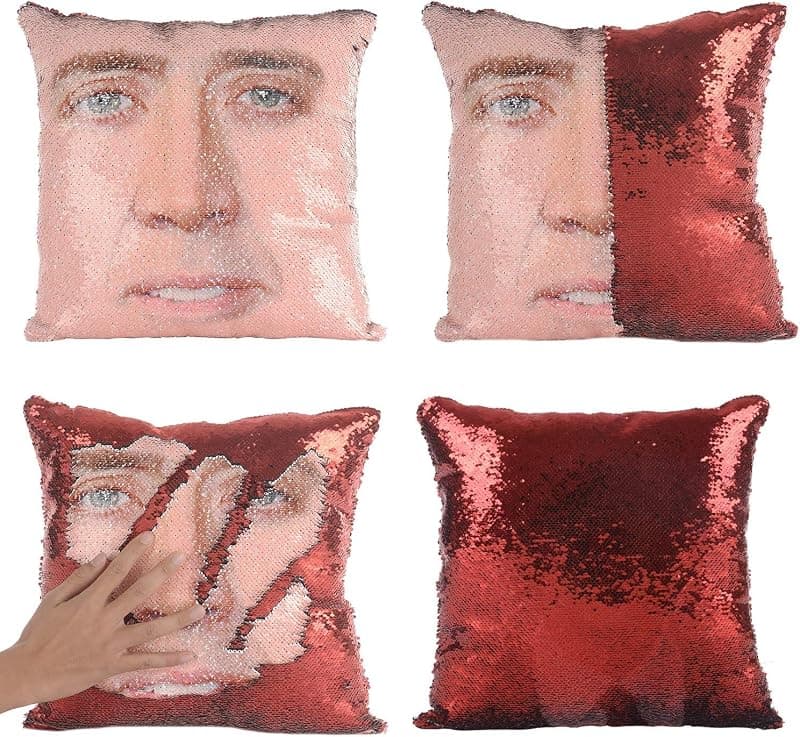 Coussin à sequins réversibles Nicolas Cage