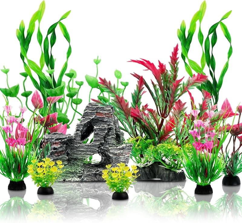 QUOZUO — Kit décoration aquarium plantes & grotte en polyrésine