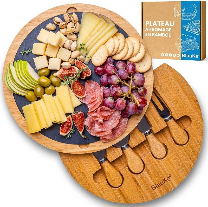 BlauKe — Plateau à fromages rotatif en bambou avec ardoise et couteaux