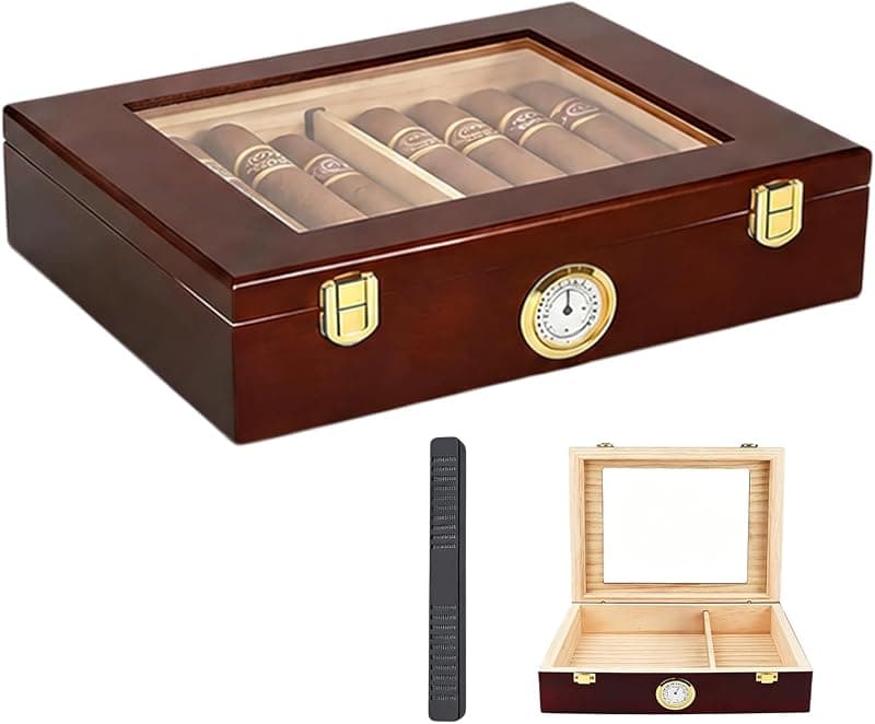 Cave à Cigares en Bois avec Dessus en Verre, Humidificateur & Hygromètre