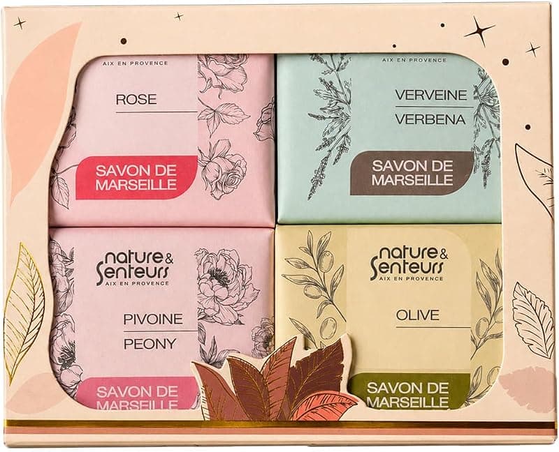 Coffret 4 Savons de Marseille Parfumés — Rose, Pivoine, Verveine & Olive
