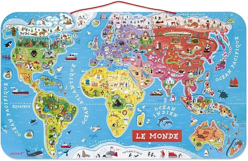 Janod — Puzzle Carte du Monde Magnétique en Bois 92 pièces