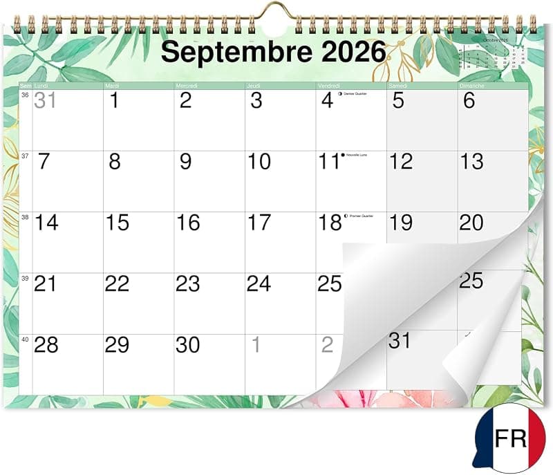 Calendrier mural A3 2026-2027 — phases lunaires, gros caractères, français