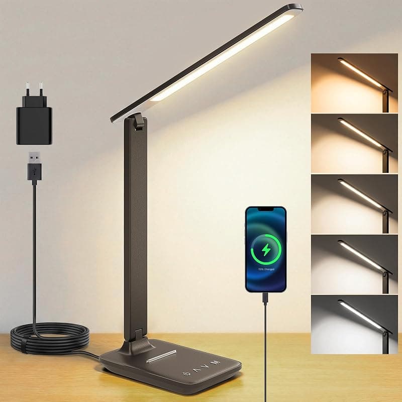 Lampe de bureau LED pliable avec port USB-A, 5 modes et 5 niveaux