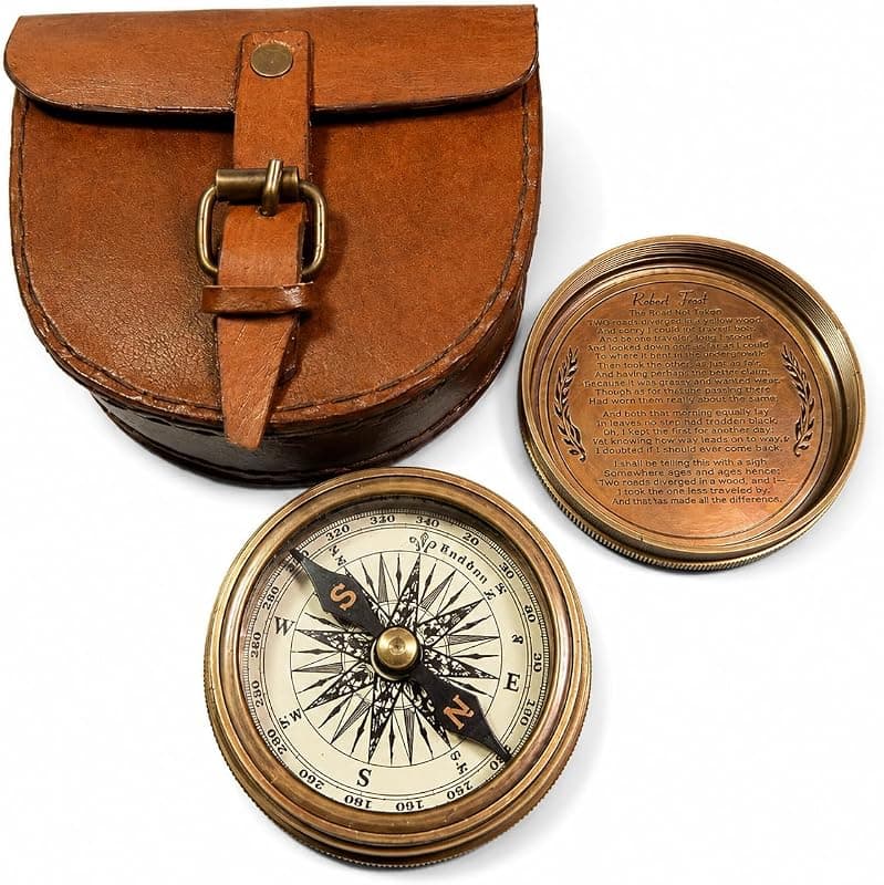 Boussole de poche vintage en laiton, étui en cuir