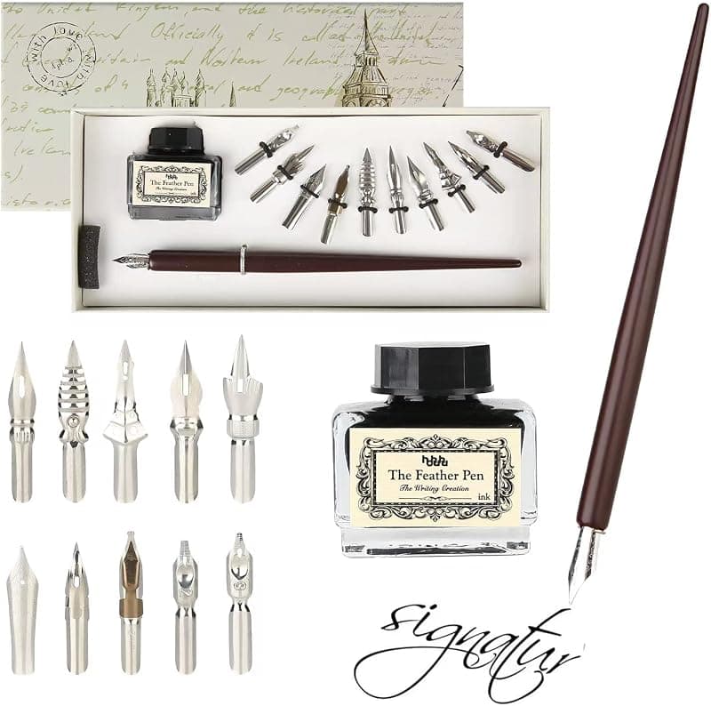 hhhouu — Set stylo plume calligraphie en bois avec 10 plumes de rechange