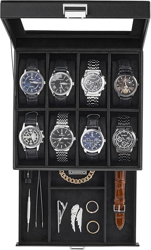 ProCase — Boîte à montres 2 niveaux, 8 compartiments et tiroir