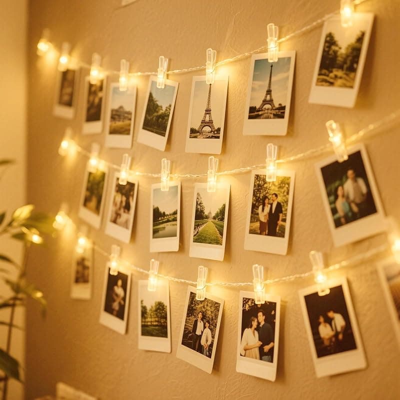 Guirlande lumineuse photo 12 m avec 60 pinces et 120 LEDs blanc chaud