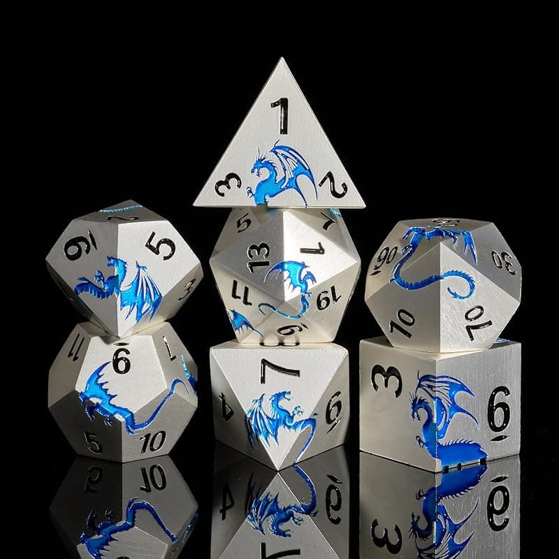 Set de 7 dés JDR métal — Dragon 3D, coffret magnétique, bleu argenté mat