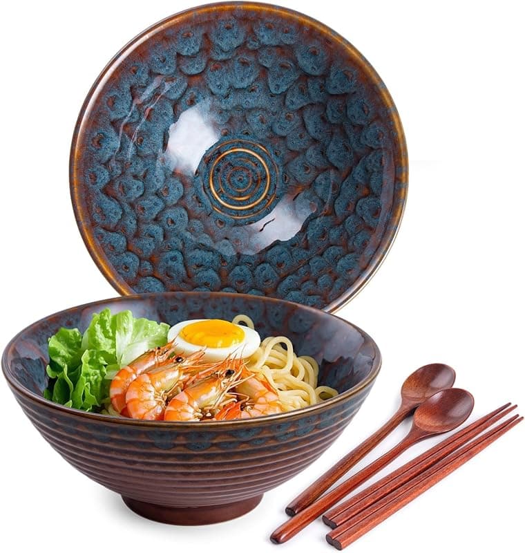 Lot de 2 bols à ramen en céramique avec cuillères et baguettes — Queue de Paon