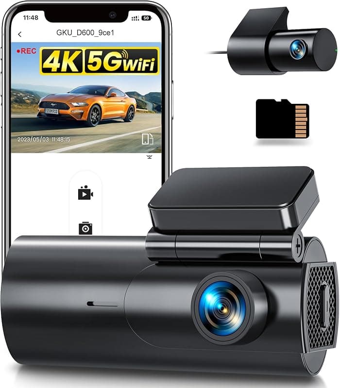 GKU — Dashcam 4K avant-arrière WiFi 5 GHz avec carte SD 64 Go