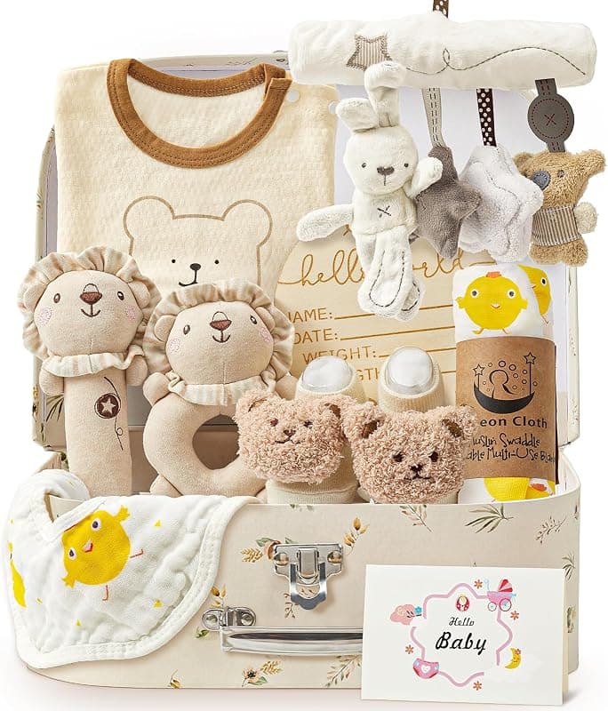 vamei — Coffret naissance mixte barboteuse, bavoir, hochet et accessoires