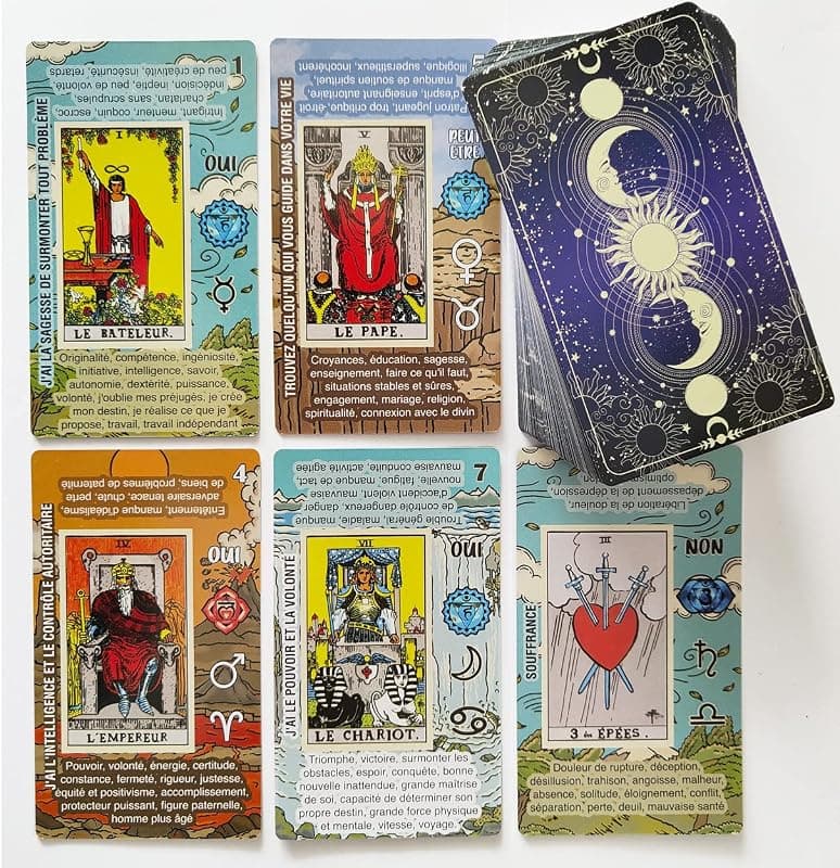 Jeu de tarot débutant en français — significations imprimées, astrologie et chakras