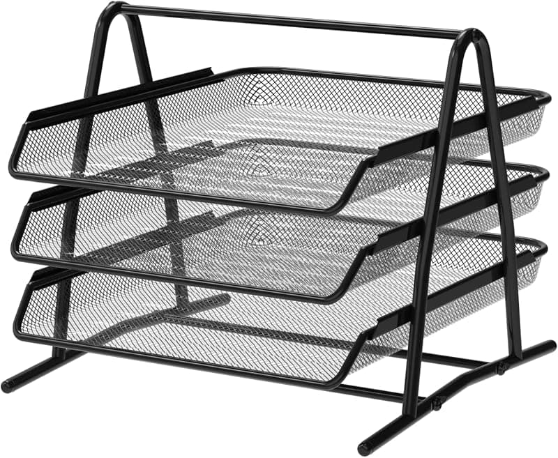 Plateau Organisateur de Bureau 3 Niveaux en Maille Métallique — Noir