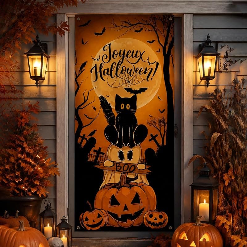 Rideau Décoratif Halloween — Chat Noir & Citrouille