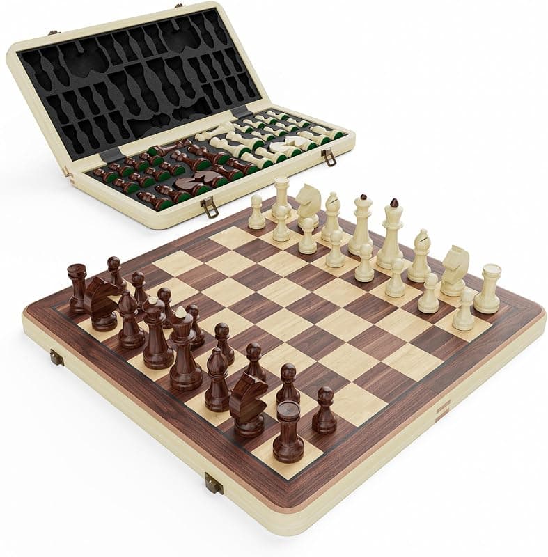 Jeu d'échecs pliant en bois 38 cm avec figurines Staunton