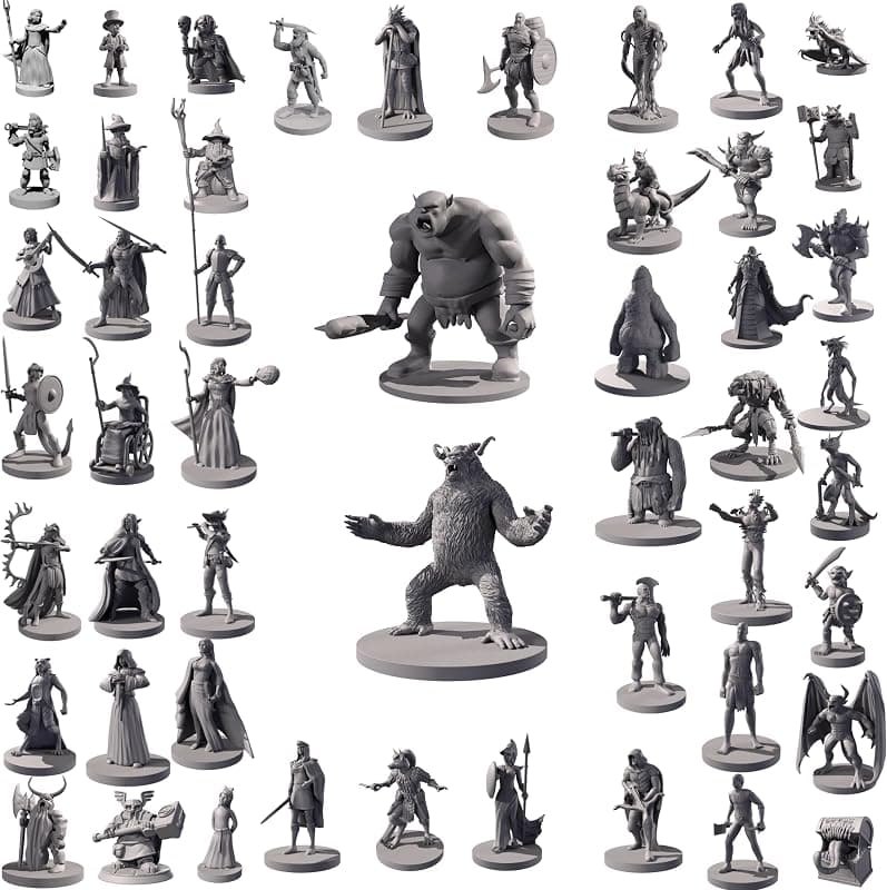 50 figurines miniatures RPG fantasy — non peintes, en vrac