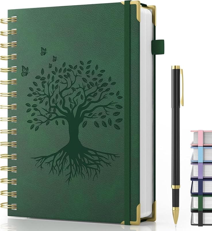 Carnet A5 Ligné Spirale Couverture Cuir avec Stylo — Vert Foncé
