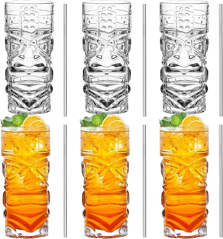 Lot de 6 verres à cocktail Tiki, visages sculptés en relief