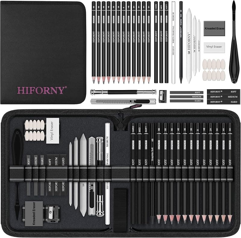 HIFORNY — Kit de dessin 42 pièces, crayons, fusains et accessoires
