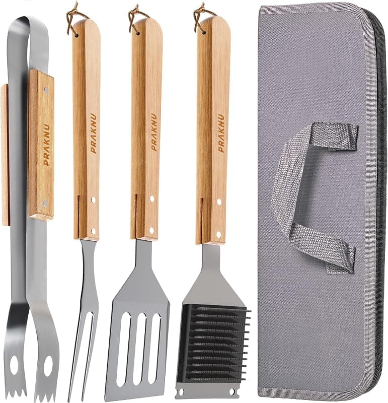 Praknu — Kit Barbecue 4 Pièces Inox & Bois